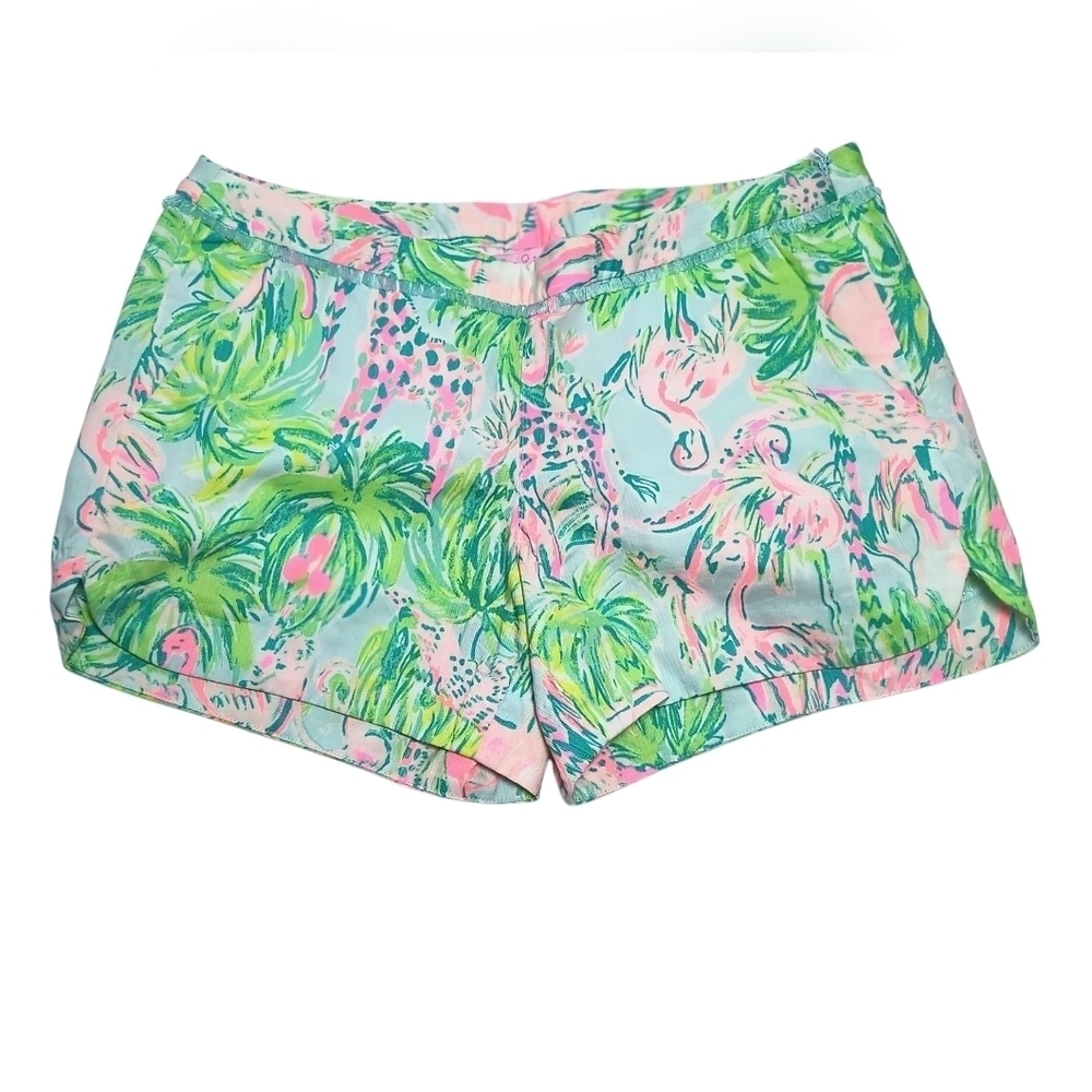 Lilly Pulitzer Green and Pink Adie Bermuda Shorts Vibrant Tropical Print 0